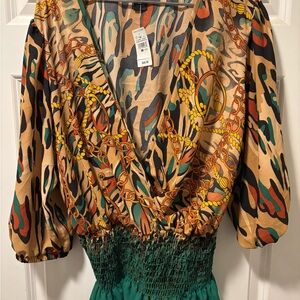 Ashley Stewart Multicolor Chain and Camouflage Blouse